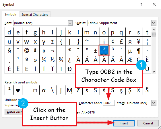 Inserting the 2 squared Symbol in Word or Excel