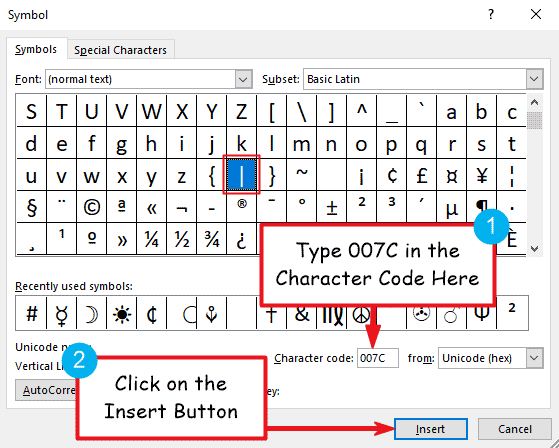 insert Pipe Symbol or vertial bar in Word